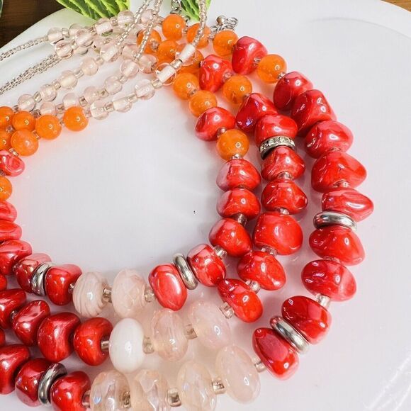 Sparkling Vintage Necklace 3 Strand Organic Form Glass Resin Beads Colorful 4112 - Picture 3 of 8